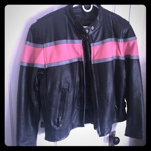 Black and pink leather biker jacket